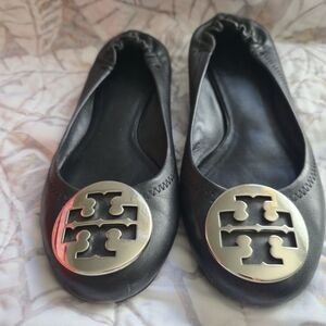 Tory Burch Black Leather Flats with Silver Emblem
